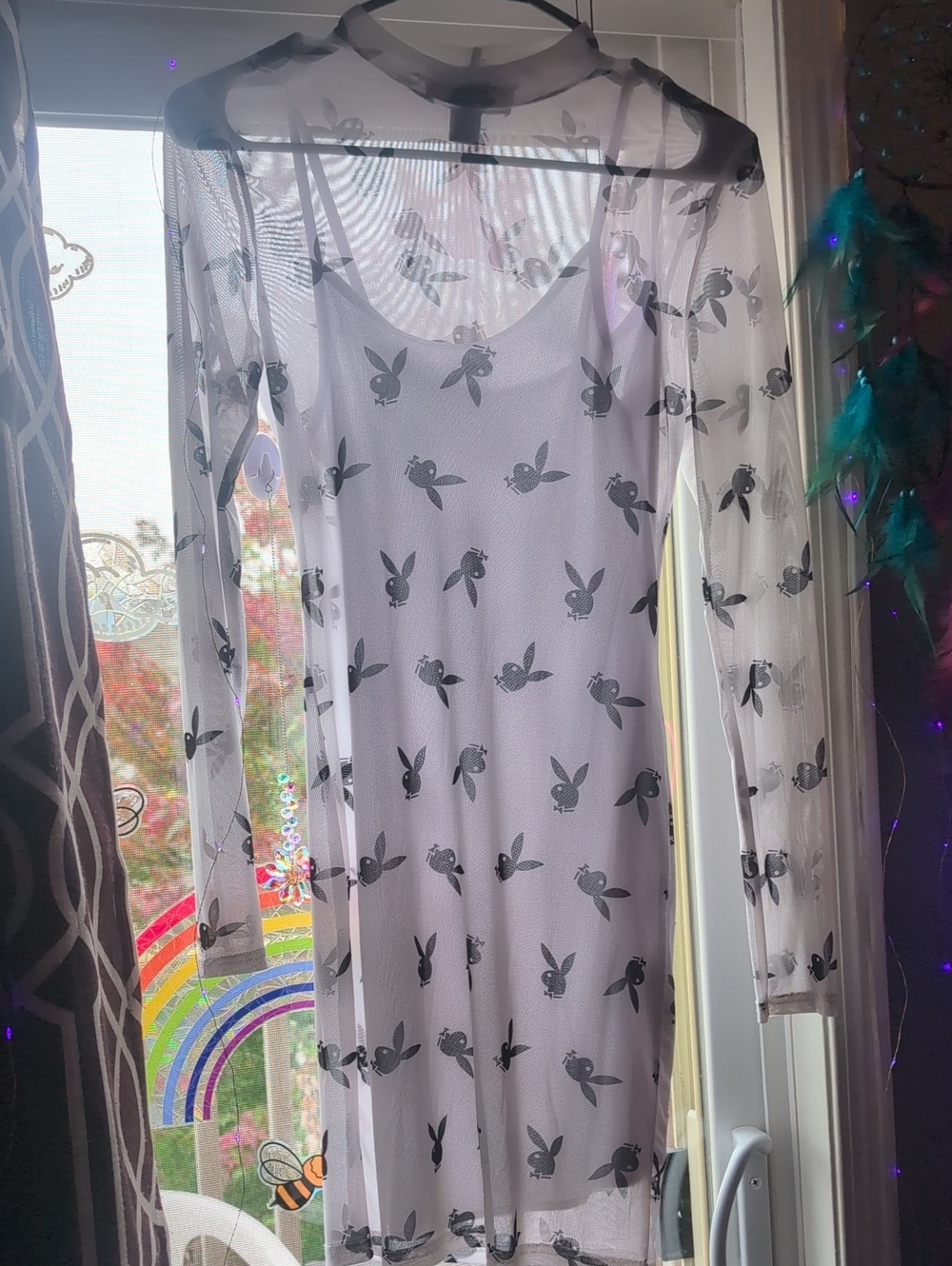 PLAYBOY White Sheer Mesh Long-Sleeve Slip with Black Bunny Print